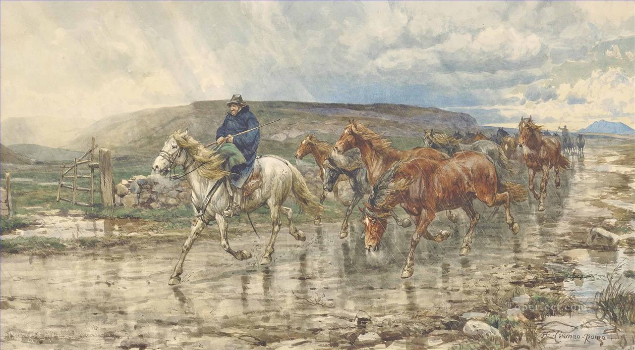 Bad weather in the Roman Campagna Enrico Coleman horse Oil Paintings